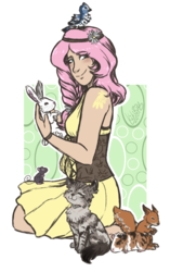 Size: 693x1101 | Tagged: safe, artist:monnarcha, angel bunny, fluttershy, bird, cat, gerbil, human, mouse, squirrel, g4, animal, clothes, dress, human coloration, humanized, kneeling, smiling