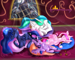 Size: 3000x2400 | Tagged: safe, artist:katakiuchi4u, princess cadance, princess celestia, princess luna, twilight sparkle, alicorn, pony, g4, season 7, :3, alicorn tetrarchy, crepuscular rays, crumbs, dream walker luna, female, food, high res, magic, moonlight, muffin, night, on back, on side, pillow, plushie, prone, slumber party, stars, twilight sparkle (alicorn)