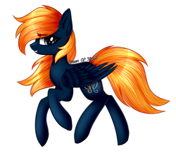 Size: 1500x1300 | Tagged: safe, artist:queenofsilvers, oc, oc only, oc:ember skies, pegasus, pony, commission, eye clipping through hair, eyebrows, eyebrows visible through hair, female, folded wings, mare, pegasus oc, profile, side view, signature, simple background, smiling, solo, tail, white background, wings