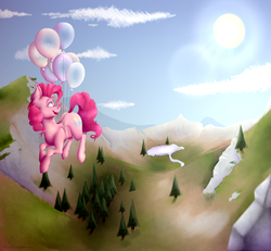 Size: 5000x4623 | Tagged: safe, artist:vavaig69, pinkie pie, earth pony, pony, g4, absurd resolution, balloon, female, floating, flying, looking away, looking up, mare, mountain, open mouth, sky, solo, sun, then watch her balloons lift her up to the sky, turned head