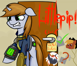 Size: 2066x1771 | Tagged: safe, artist:ruiont, oc, oc only, oc:calamity, oc:littlepip, oc:velvet remedy, pegasus, pony, unicorn, fallout equestria, clothes, cutie mark, door, fanfic, fanfic art, female, floppy ears, gritted teeth, hat, hooves, horn, jumpsuit, male, mare, open mouth, pipboy, pipbuck, smiling, stallion, teeth, vault suit, velamity