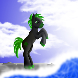 Size: 3000x3000 | Tagged: safe, artist:dracosderpyhoof, artist:msuzira, oc, oc only, oc:kole miner, earth pony, pony, cloud, day, earth pony oc, high res, male, rearing, sky, solo, spade, stallion, water