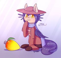 Size: 2760x2595 | Tagged: safe, artist:dsp2003, bat pony, pony, :3, :3c, crossover, cute, female, food, high res, lightbulb, mango, niko (oneshot), oneshot, ponified, smiling, solo