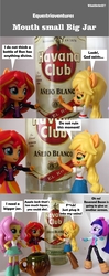 Size: 819x2060 | Tagged: safe, artist:whatthehell!?, edit, applejack, fluttershy, sunset shimmer, twilight sparkle, equestria girls, g4, alcohol, doll, equestria girls minis, irl, jar, parody, photo, rum, toy