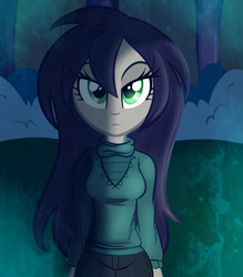 Size: 700x800 | Tagged: dead source, safe, artist:wubcakeva, oc, oc only, oc:esbern, vampire, equestria girls, g4, breasts, clothes, equestria girls-ified, female, green eyes, looking back, night, solo