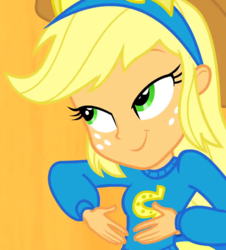 Size: 650x720 | Tagged: safe, screencap, applejack, equestria girls, g4, my little pony equestria girls, cropped, female, freckles, helping twilight win the crown, solo, wondercolts, wondercolts uniform