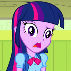 Size: 720x720 | Tagged: safe, screencap, twilight sparkle, equestria girls, g4, my little pony equestria girls, animation error, arms, backpack, blouse, bowtie, clothes, confused, cropped, eyebrows, female, hair, head tilt, lockers, long hair, open mouth, puffy sleeves, raised eyebrow, shirt, solo, talking, teenager, teeth