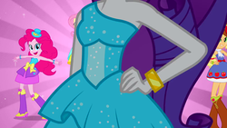 Size: 1280x720 | Tagged: safe, screencap, applejack, fluttershy, pinkie pie, rarity, equestria girls, g4, my little pony equestria girls, balloon, boots, bracelet, breasts, clothes, cowboy boots, fall formal outfits, female, hand on hip, hat, high heel boots, jewelry, looking at you, raised leg, scarf, sparkles, sunburst background, this is our big night, top hat