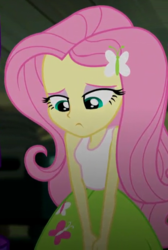 Size: 390x580 | Tagged: safe, screencap, fluttershy, equestria girls, g4, my little pony equestria girls: rainbow rocks, clothes, cropped, female, sad, skirt, solo