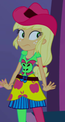 Size: 310x580 | Tagged: safe, screencap, applejack, equestria girls, g4, my little pony equestria girls: rainbow rocks, cropped, female, heart, music notes, rainbow rocks outfit, solo