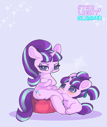 Size: 1000x1183 | Tagged: safe, artist:mirululu, starlight glimmer, pony, unicorn, g4, crossed hooves, cushion, cute, double the glimmer, duo, female, filly, filly starlight glimmer, glimmerbetes, looking up, mare, pigtails, self ponidox, sitting, younger