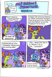 Size: 1024x1515 | Tagged: safe, artist:verycomicrelief, starlight glimmer, thorax, trixie, changedling, changeling, pony, unicorn, celestial advice, g4, comic, equestrian pink heart of courage, king thorax, watermark
