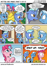 Size: 1032x1432 | Tagged: safe, artist:pony-berserker, pinkie pie, trixie, oc, oc:cobalt, pony, comic:better see pinkie, g4, comic, cupcake, food, gold