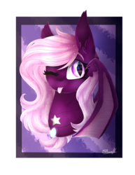 Size: 2485x3221 | Tagged: safe, artist:cloud-drawings, oc, oc only, oc:ariana vati, bat pony, pony, commission, female, high res, mare, one eye closed, slit pupils, smiling, solo, tongue out, wink