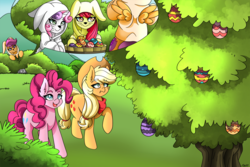 Size: 6000x4000 | Tagged: safe, artist:ciderpunk, apple bloom, applejack, pinkie pie, scootaloo, sweetie belle, g4, absurd resolution, animal costume, apple orchard, bucket, bunny costume, clothes, colored pupils, costume, cutie mark crusaders, easter, easter egg, sweet apple acres, tree