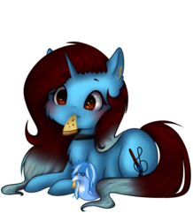 Size: 2200x2527 | Tagged: safe, artist:bambudess, artist:czywko, oc, oc only, oc:dess, pony, unicorn, blue, brown eyes, collaboration, cute, digital art, eating, female, food, high res, mare, mouth hold, open collaboration, pizza, simple background, solo, transparent background
