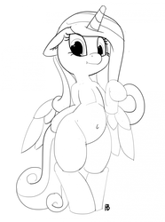 Size: 1280x1721 | Tagged: safe, artist:pabbley, princess cadance, alicorn, pony, g4, 30 minute art challenge, belly button, bipedal, female, looking at you, mare, monochrome, solo