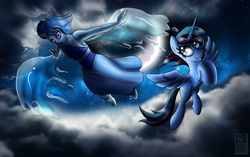 Size: 2700x1700 | Tagged: safe, artist:elmutanto, oc, oc:sapphire sky, alicorn, gem (race), pony, alicorn oc, artificial wings, augmented, blue, crossover, duo, duo female, female, flying, hydrokinesis, lapis lazuli (steven universe), magic, magic wings, mare, moon, night, steven universe, water, watery wings, wings