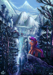 Size: 2480x3508 | Tagged: safe, artist:jowyb, scootaloo, bird, pegasus, phoenix, pony, g4, female, forest, high res, mare, mountain, nest, open mouth, scenery, scenery porn, signature, solo, waterfall