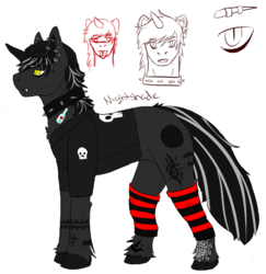 Size: 576x593 | Tagged: safe, anonymous artist, oc, oc only, oc:nightshade eclipse, vampire, vampony, beanie, clothes, collar, ear piercing, earring, eyebrow piercing, fangs, hat, jacket, jewelry, leather jacket, lip piercing, piercing, reference sheet, skull, socks, solo, spiked collar, striped socks, tattoo, tongue piercing, unshorn fetlocks