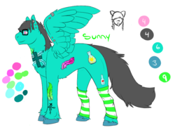 Size: 805x629 | Tagged: safe, anonymous artist, oc, oc only, oc:sunny dew, pegasus, pony, clothes, ear piercing, earring, glasses, jewelry, piercing, reference sheet, socks, solo, striped socks, tattoo, tongue piercing, unshorn fetlocks, wing piercing