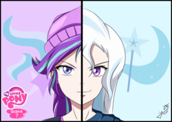 Size: 1024x726 | Tagged: safe, artist:achaoticdotstar, starlight glimmer, trixie, equestria girls, equestria girls specials, g4, beanie, clothes, cutie mark, female, hat, human coloration, looking at you, my little pony logo, signature, split screen