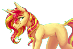 Size: 2095x1405 | Tagged: safe, artist:doodlepaintdraws, artist:eggoatt, sunset shimmer, pony, unicorn, g4, collaboration, dock, female, freckles, looking at you, missing cutie mark, peppered bacon, simple background, smiling, smiling at you, solo, transparent background