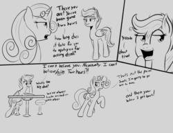 Size: 1024x788 | Tagged: safe, artist:cosmonaut, scootaloo, sweetie belle, g4, alternate hairstyle, monochrome, noodle incident, older, skinny, sweat, teenager, thin