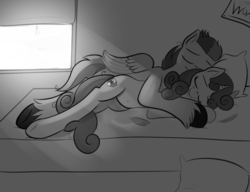Size: 2080x1600 | Tagged: safe, artist:cosmonaut, rumble, sweetie belle, g4, bed, feather, female, male, monochrome, older, ship:rumbelle, shipping, sleeping, straight, teenager, unshorn fetlocks