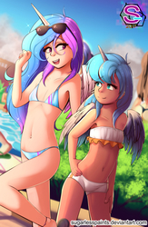 Size: 1025x1568 | Tagged: safe, artist:sugarlesspaints, princess celestia, princess luna, alicorn, human, g4, adorasexy, alicorns only, bandeau, belly button, bicolor swimsuit, bikini, blue swimsuit, breasts, clothes, cute, delicious flat chest, duo, duo female, female, flatchestia, flatuna, frilled swimsuit, horn, horned humanization, humanized, midriff, open mouth, royal sisters, sandals, scenery, sexy, small breasts, stupid sexy celestia, stupid sexy princess luna, sunglasses, swimsuit, white swimsuit, winged humanization, wings, younger