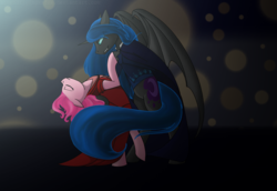 Size: 1280x883 | Tagged: safe, artist:stuflox, nightmare moon, pinkie pie, alicorn, earth pony, pony, g4, clothes, dance of the vampires, dancing, eyes closed, female, musical, parody