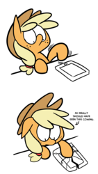 Size: 1280x2274 | Tagged: safe, artist:fauxsquared, applejack, earth pony, pony, g4, broken, comic, female, horse problems, solo, tablet