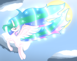 Size: 900x712 | Tagged: safe, artist:samantha062104, princess celestia, alicorn, pony, g4, cloud, female, flying, solo, sun