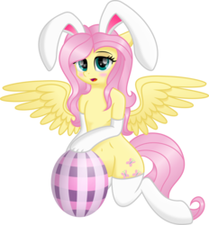 Size: 5000x5389 | Tagged: safe, artist:kamyk962, artist:kruszynka25, fluttershy, pegasus, pony, semi-anthro, g4, absurd resolution, animal costume, belly, belly button, blushing, bunny costume, clothes, costume, cute, easter, easter egg, female, kneeling, looking at you, sexy, shading, shy, shyabetes, simple background, socks, solo, transparent background, vector, wings