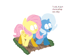 Size: 864x654 | Tagged: safe, artist:fauxsquared, fluttershy, trixie, pegasus, pony, unicorn, trixie is magic, g4, animated, dialogue, female, gif, pixel art, simple background, transparent background, walking