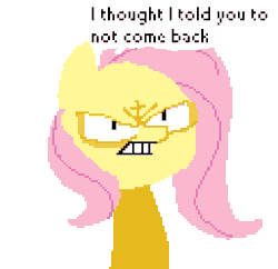 Size: 366x354 | Tagged: safe, artist:fauxsquared, fluttershy, pegasus, pony, trixie is magic, g4, animated, badass, chainsaw, dialogue, evil dead, female, flutterbadass, gif, gun, pixel art, shotgun, simple background, transparent background, weapon