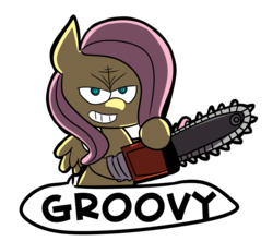 Size: 1200x1059 | Tagged: safe, artist:fauxsquared, fluttershy, pegasus, pony, trixie is magic, g4, army of darkness, badass, chainsaw, evil dead, female, flutterbadass, grin, simple background, smiling, solo, transparent background