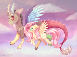 Size: 1280x939 | Tagged: safe, artist:fallenpeach, discord, fluttershy, draconequus, pegasus, pony, g4, blushing, bow, cute, discute, ear fluff, female, flying, hair bow, male, mare, ribbon, ship:discoshy, shipping, spread wings, straight, wings