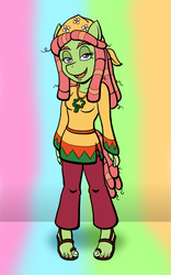 Size: 750x1200 | Tagged: safe, artist:regularmouseboy, tree hugger, anthro, plantigrade anthro, g4, clothes, female, hippie, looking at you, medallion, pants, psychedelic, sandals, solo, tunic
