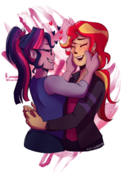 Size: 1280x1867 | Tagged: safe, artist:mlp-hearts, sci-twi, sunset shimmer, twilight sparkle, series:sciset diary, equestria girls, g4, alternate clothes, cheek pinch, cute, duo, eyes closed, female, gift art, heart, hug, lesbian, shimmerbetes, ship:sci-twishimmer, ship:sunsetsparkle, shipping, twiabetes