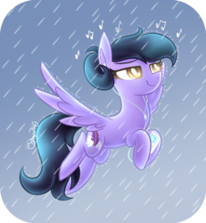 Size: 1440x1560 | Tagged: safe, artist:siggie740, oc, oc only, oc:quilly, pegasus, pony, commission, earbuds, female, flying, lidded eyes, listening, mare, mp3 player, music notes, rain, smiling, solo