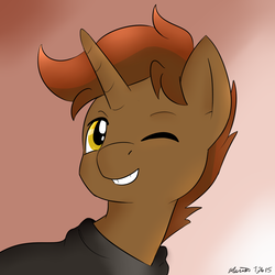 Size: 1200x1200 | Tagged: safe, artist:melodicmarzipan, oc, oc only, oc:shadowheart, pony, unicorn, brown mane, cloak, clothes, cute, golden eyes, one eye closed, simple background, smiling, solo, wink