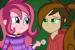Size: 6000x4000 | Tagged: safe, artist:spottedlions, oc, oc only, oc:contralto, oc:cupcake slash, equestria girls, g4, absurd resolution, breasts, clothes, commission, cute, disguised siren, duo, equestria girls-ified, female, funny, hoodie, hypnosis, lesbian, microphone, mistake, ocbetes, oops, pendant, ponytail, sweater, worried