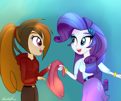 Size: 1200x1000 | Tagged: dead source, safe, artist:wubcakeva, rarity, oc, oc:cupcake slash, equestria girls, g4, bracelet, clothes, cute, duo, female, gradient background, hoodie, jewelry, looking at each other, open mouth, pants, ponytail, skirt, smiling