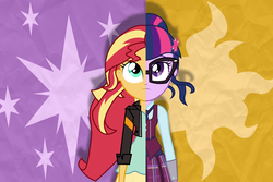 Size: 12000x8000 | Tagged: safe, artist:spottedlions, sci-twi, sunset shimmer, twilight sparkle, equestria girls, g4, my little pony equestria girls: friendship games, absurd resolution, clothes, crystal prep academy, crystal prep academy uniform, crystal prep shadowbolts, duet, duo, female, glasses, jacket, leather jacket, school uniform, split screen, what more is out there