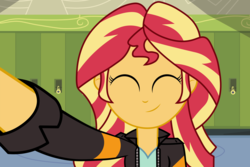 Size: 1800x1200 | Tagged: safe, artist:knightwolf09, artist:spottedlions, sunset shimmer, equestria girls, g4, ^^, canterlot high, clothes, cute, eyes closed, female, happy, jacket, leather jacket, lockers, selfie, shimmerbetes, smiling, solo