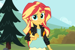 Size: 6000x4000 | Tagged: safe, artist:boneswolbach, artist:spottedlions, sunset shimmer, equestria girls, g4, absurd resolution, clothes, cute, female, jacket, leather jacket, looking at you, scenery, shimmerbetes, solo