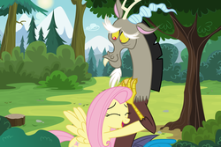 Size: 6000x4000 | Tagged: safe, artist:boneswolbach, artist:spottedlions, discord, fluttershy, draconequus, pegasus, pony, g4, absurd resolution, embracing, female, forest, hug, male, mare, open mouth, ship:discoshy, shipping, show accurate, straight