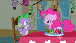 Size: 600x338 | Tagged: safe, screencap, gummy, pinkie pie, spike, dragon, g4, party of one, animated, biting, gif, imminent interrogation, tail bite, tail pull, trapped