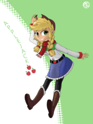 Size: 2304x3072 | Tagged: safe, artist:qzygugu, applejack, equestria girls, g4, boots, braid, clothes, cowboy boots, cute, denim skirt, female, high res, looking at you, pantyhose, pigtails, scarf, skirt, solo